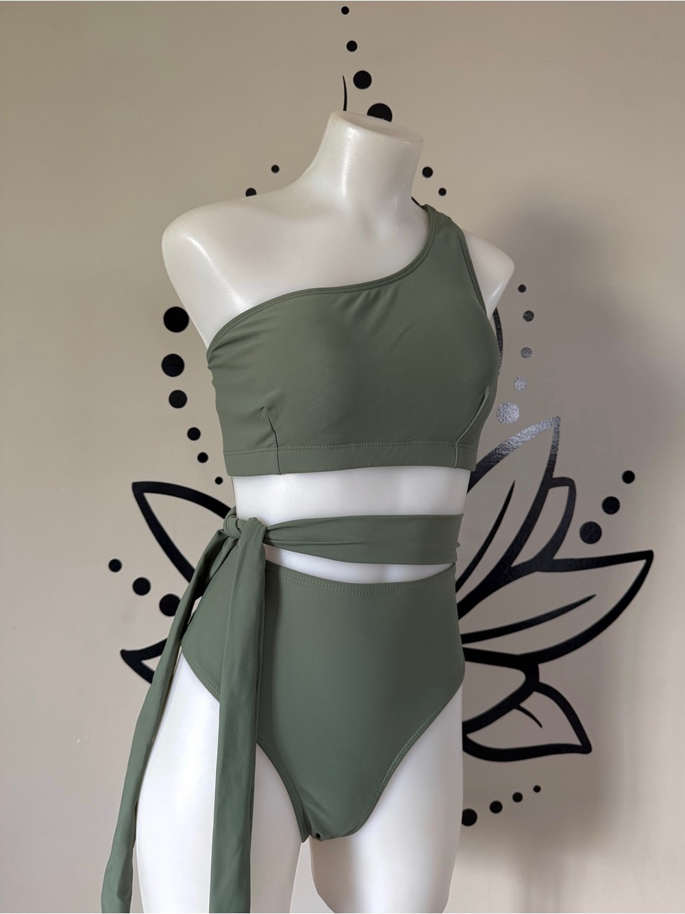 Women’s One Shoulder Olive Green High Waist Bikini Set